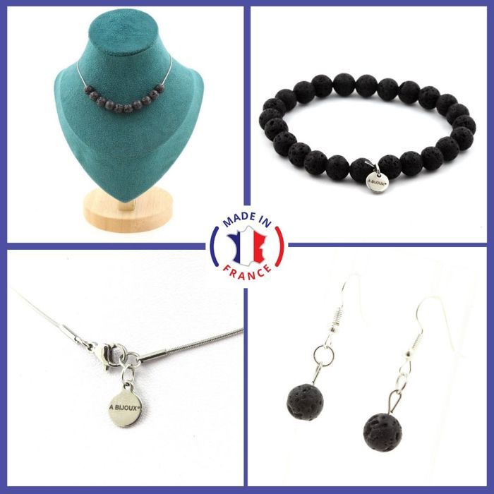 Stones and Minerals. Set Bracelet Necklace Dangling Earrings 10 Lava Beads 8 Customizable Size.