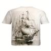 Casual Summer Top Men's Retro Sailboat and Compass Digital Print Soft Round Neck Short Sleeved T-shirt
