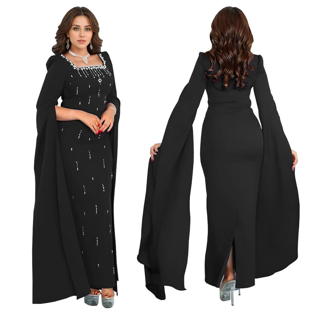 Cross-Border Elegant Women's Dress with Back Slit, Cape Sleeves, and Rhinestone Details
