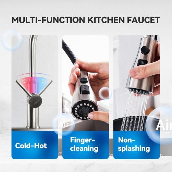 Arofa Kitchen Faucet with Pull Down Sprayer, Brushed Nickel Kitchen Sink Faucet 1-3 Hole Single Handle High Arc Stainless Steel Commercial Modern