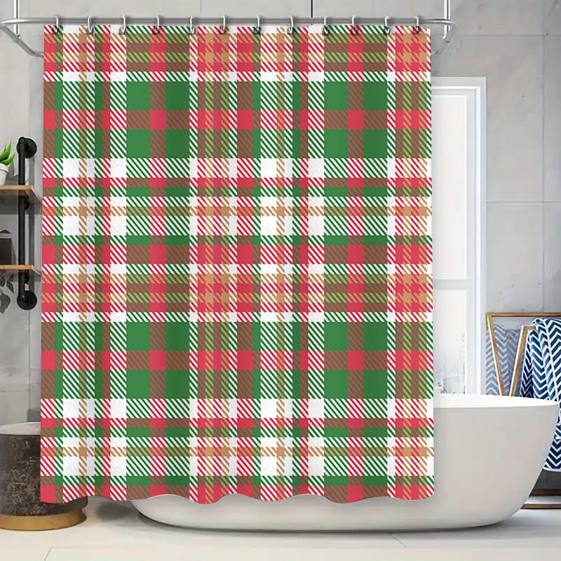 

Plaid Shower Curtain Christmas Decor Bathroom Liner Waterproof Fabric Home Decoration For Bathtub Red Green White Orange Black W60H190(CM)-1 Pcs