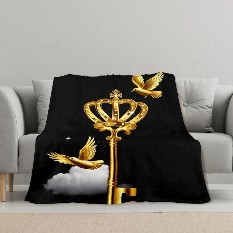 Golden Crown Key Blanket Royal Design Luxury Art Soft Fleece Throw Home Decor Gift Idea Elegant Theme Cozy Warmth