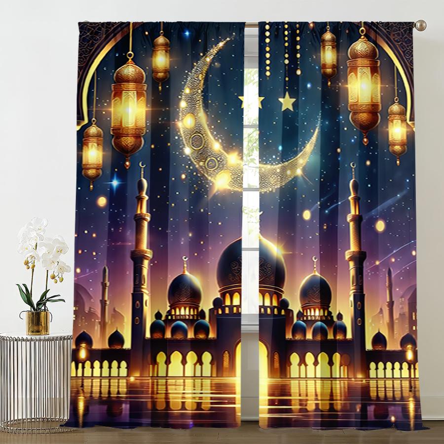 

Gilded Star Moon Islamic Night Scene Curtains Sparkling Festival Breeze Bedroom Living Room Pull Up Pocket Style Curtain Set Of 2 Made Polyester W100*H70(CM)-Grommet top&2PCS