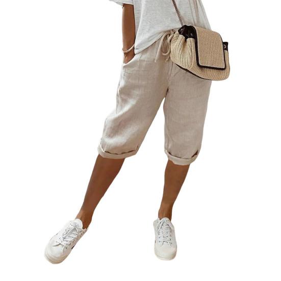 Women Pants Loose Drawstring Elastic Waist Casual Solid Color Pocket Design Knee Length Pants for Daily Wear Sport Beach