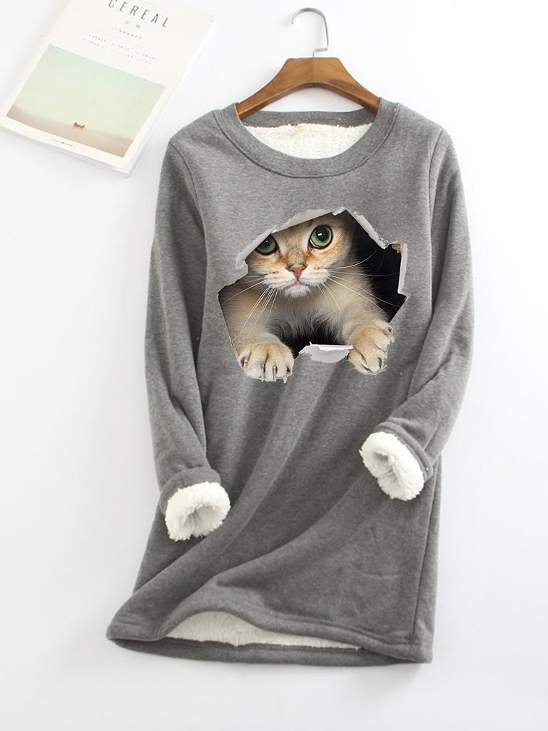 Autumn and Winter New Plus Size Fashionable Round Neck Pullover Cat Long Sleeved Plus Plush Thick Women's Bottoming Shirt Top