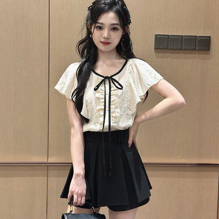 

Summer Sweet Puff Sleeve Bow Top & Skirt Set - Two-Piece Cashmere L [105-115 lbs]