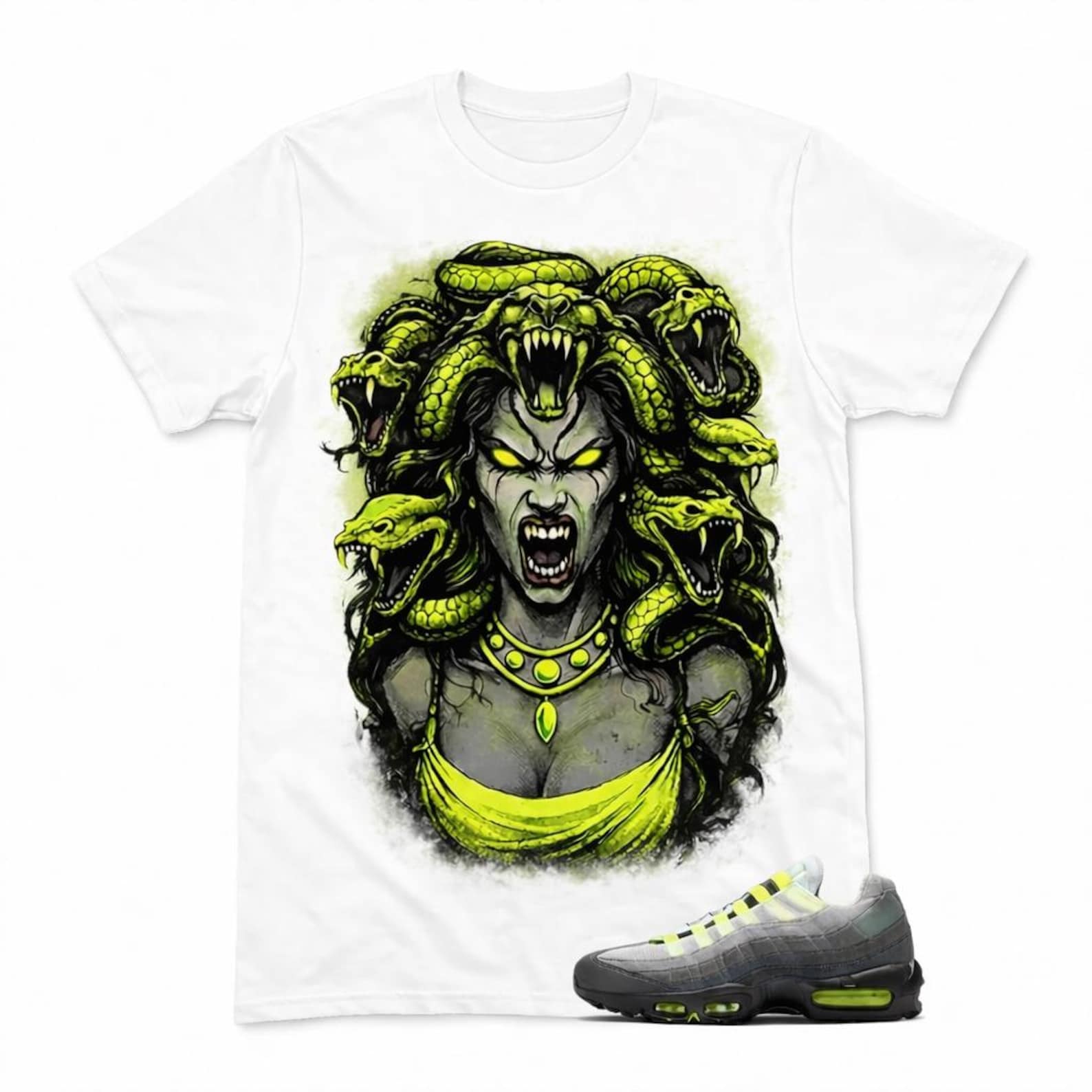 Neon Medusa Rage Sneaker Shirt – Air Max 95 Match Tee – Streetwear Snake Graphic L