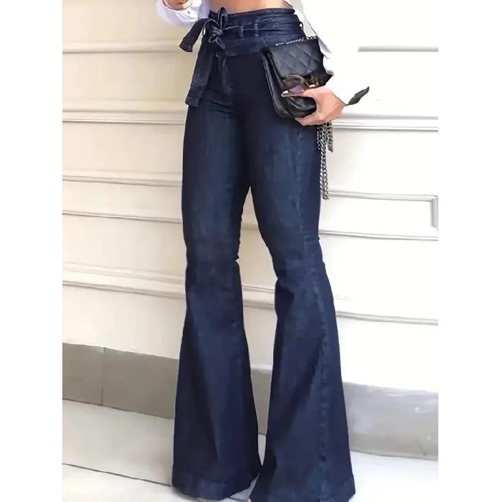 Ladies Deep Blue High Waist Bell Bottom Jeans Elastic Stretch Leg Lengthening Belted Waist