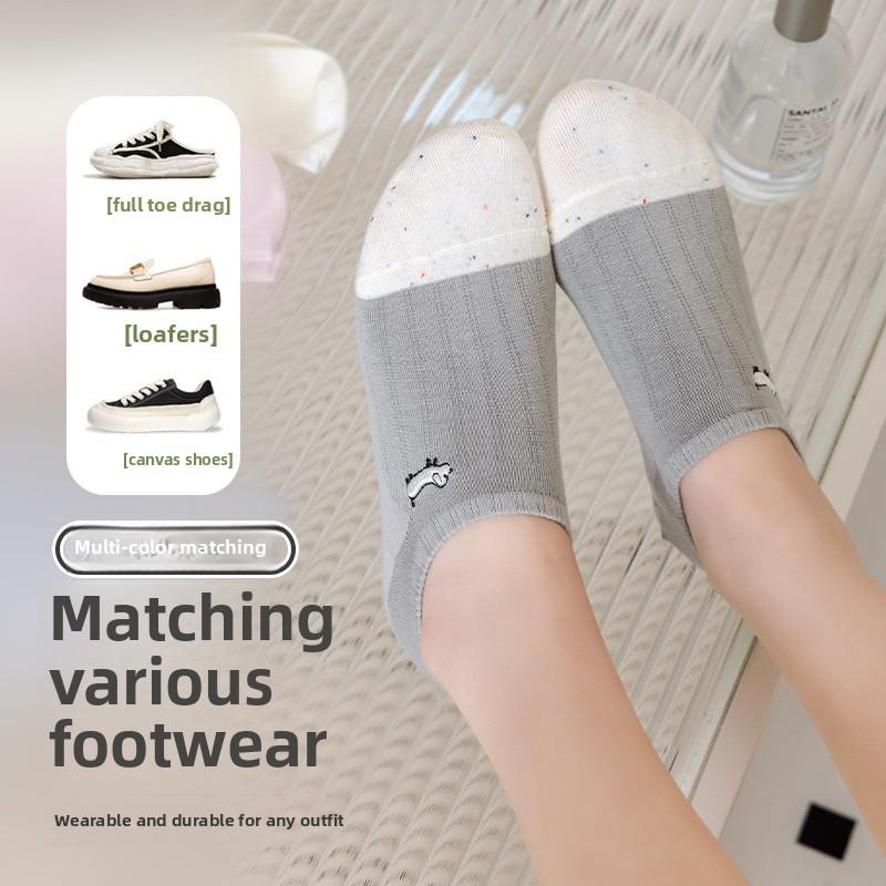 5 Pairs Boat Socks Women Shallow Mouth Short Socks Summer Thin Embroidery Puppy Boat Socks Cute Tide Net Red Invisible Socks Women