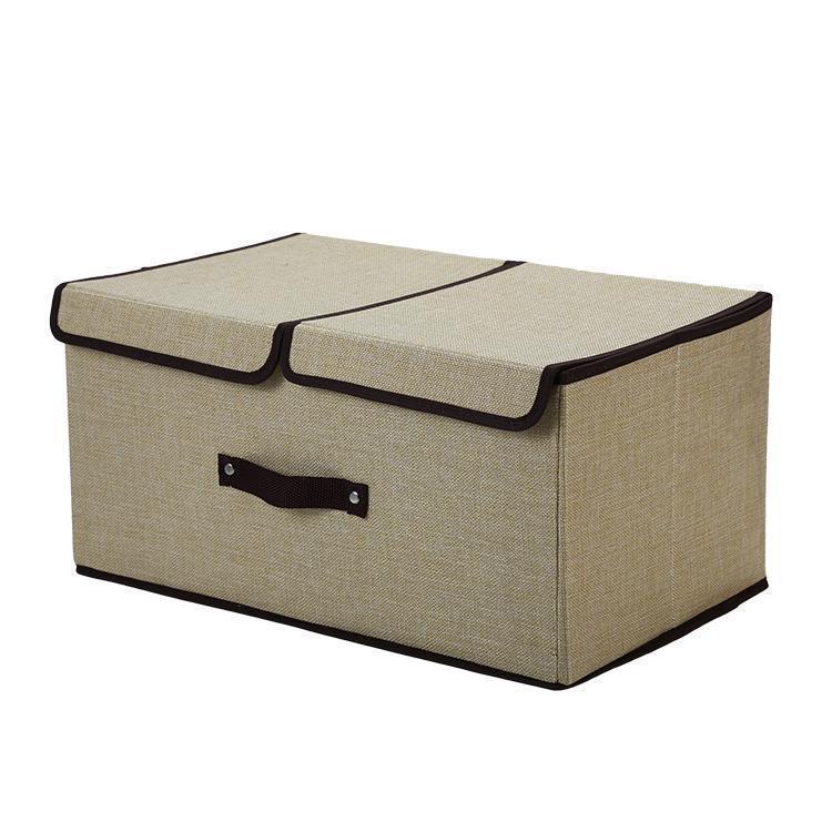 Foldable Cotton & Linen Double-Lid Storage Box with Handle for Clothes and Pants