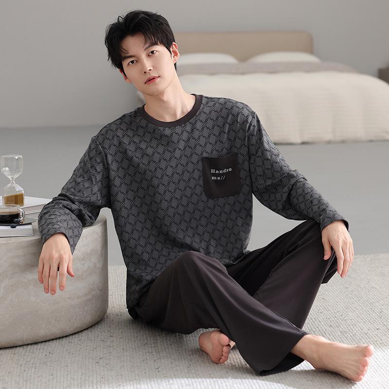 Spring And Autumn Pajamas Men'S Pure Cotton Long-Sleeved Pullover Can Be Worn Outside Autumn And Winter Men'S Casual Loose Plus Size Loungewear