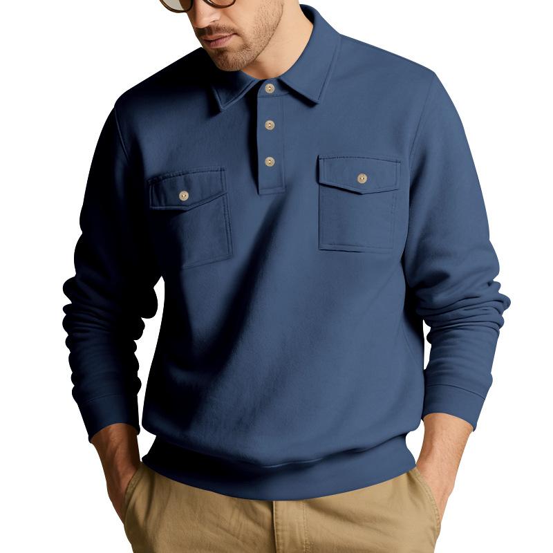 Mens Long Sleeve Polo Collar Casual Workwear Sweatshirt With Pockets