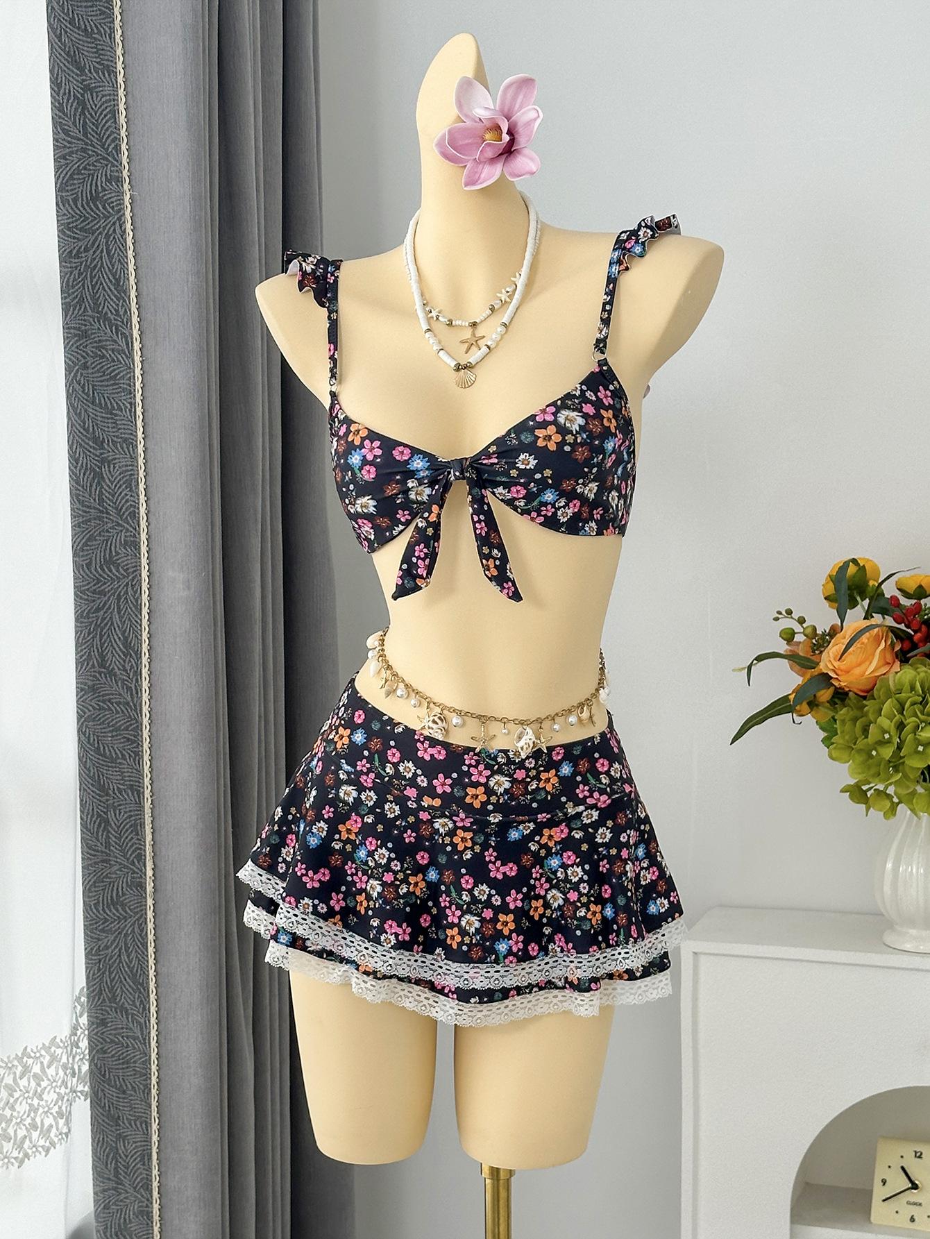 European and American floral lotus leaf edge sling small fresh split swimsuit bikini beach vacation S