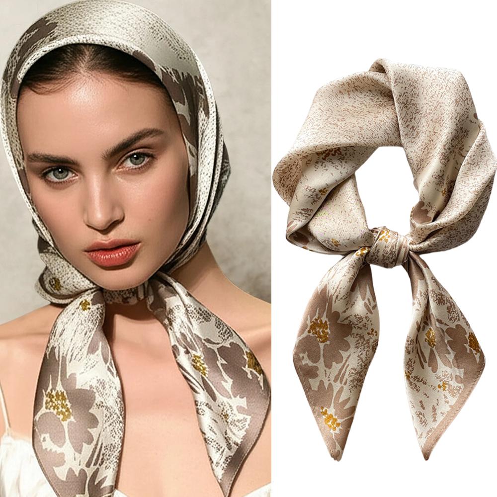 Luxury Fashion 70cm Floral Print Square Scarf for Women Hair Hand Neckerchief Wrist Hijab Wraps Lady Shawl Bandanna