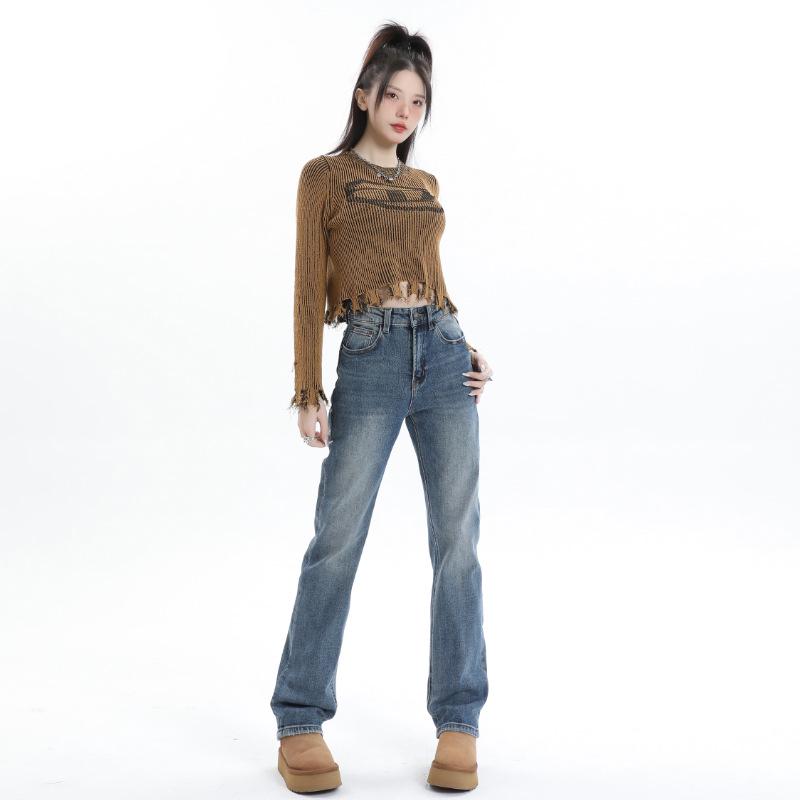 

Женские джинсы с высокой талией, облегающие, с потертостями, прямого кроя - Американский ретро, с плюшевой подкладкой, Коллекция Осень/Зима 2025 Extra Small