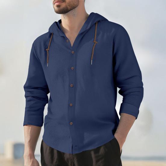 Camisetas para Hombre con Capucha Cordón Manga Larga Botones Tapeta Camisa Tops Color Liso Corte Regular Casuales Viaje Oficina Uso Diario