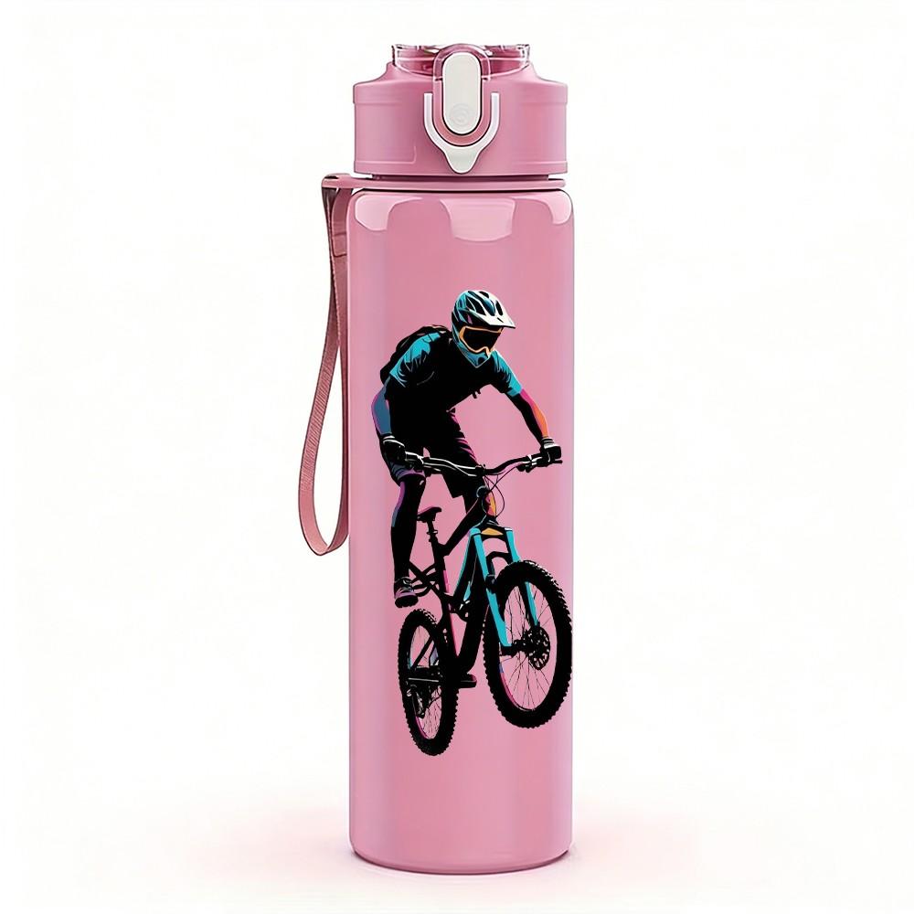 1PC Bicycle Rider Sport Character Print 750ml Color Plastic Sports Water Bottle Leakproof Flip Straw Lid Suitable for Sports Office Home Use