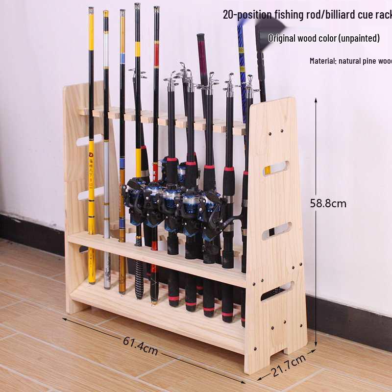 10-Tier Wooden Fishing Rod Display Stand: Floor-Standing Rack for Home & Shop.