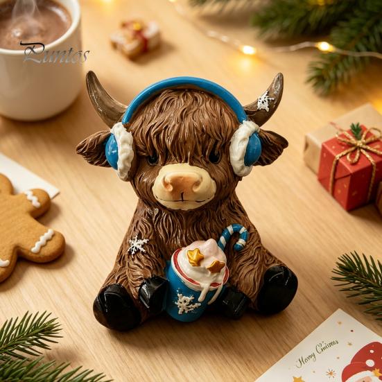 Resin Animal Statue Winter Highland Cow Figurine, Cattle for Desk Decor Decor, Shape Ornament Home Office