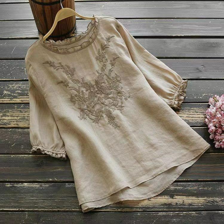 

Cotton and Linen Summer Literary Short-sleeved T-shirt Women s Embroidered Plus Size Mother s Half-sleeved All-match Belly-covering Top 4XL хакі