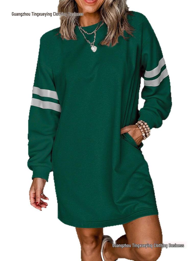 Striped Color Block Drop Shoulder Women's Casual Loose Pullover Dress for Autumn/Winter