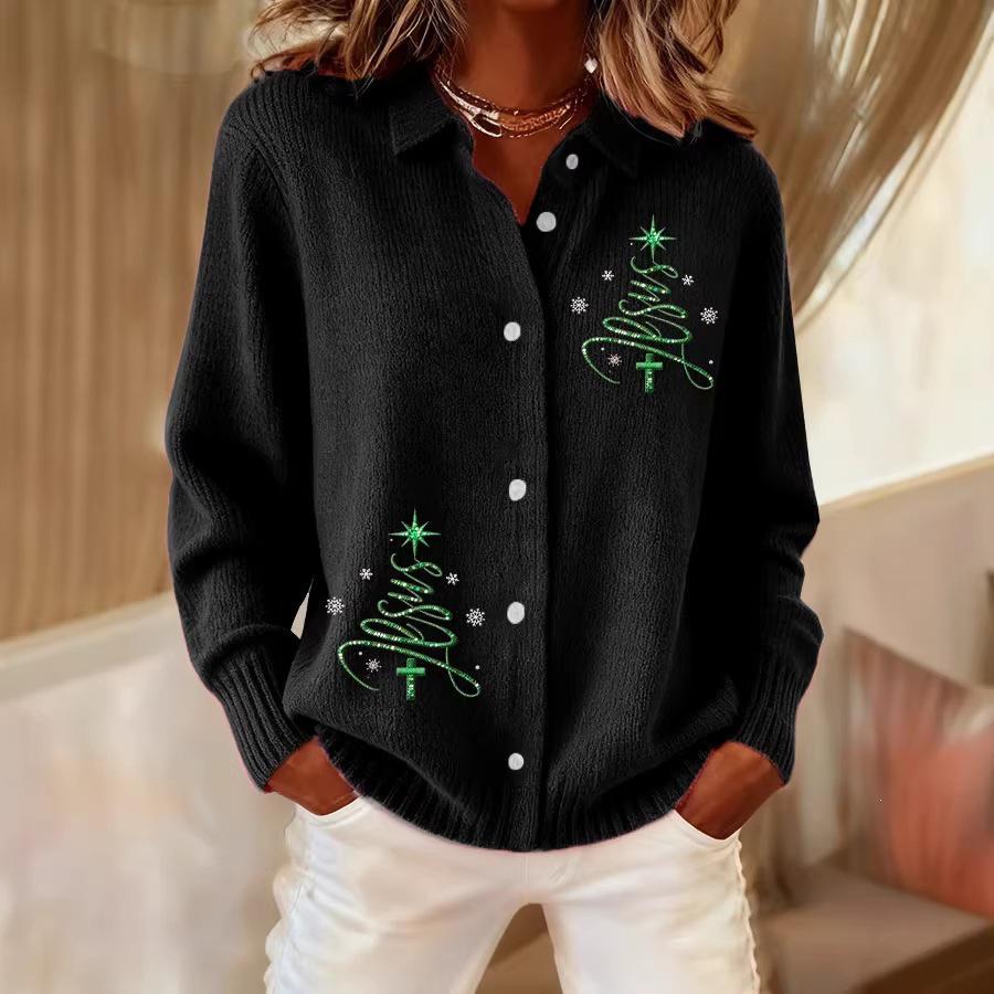 2025 Women's 3D Print Knit Lapel Cardigan - European & American Christmas Top for Autumn/Winter