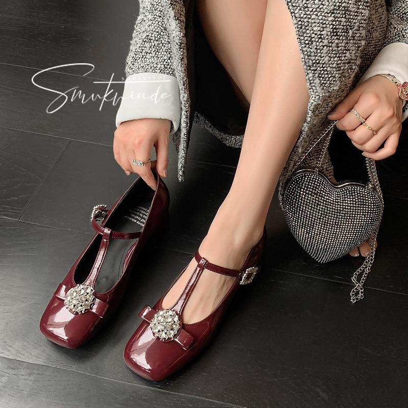 Spring 2025 new Mary Jane shoes fairy rhinestone bow French leather T-shaped shoes with thick heels