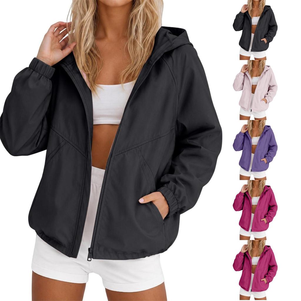 Leichte, wasserdichte Damenjacke mit Kapuze und Reißverschluss, lässiger Windbreaker, Outdoor-Regenmantel