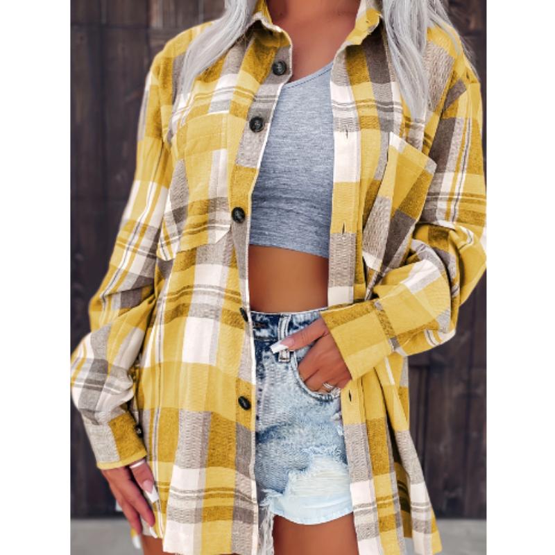 

Женская рубашка с клетчатым принтом — модный дизайн на пуговицах с теплыми длинными рукавами — классический повседневный стиль для повседневной носки 2XL жёлтый