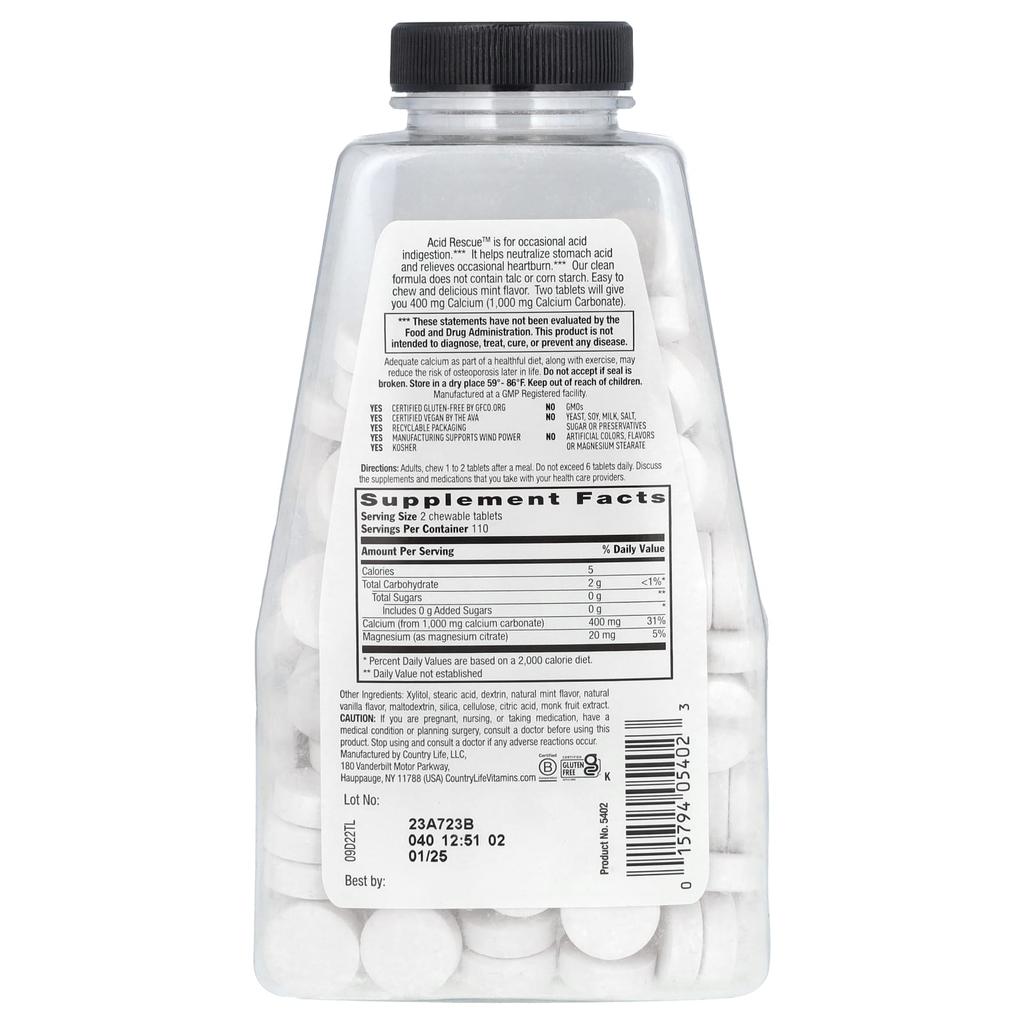 Acid Rescue, Calcium Carbonate, Mint, 1,000Mg, Chewable Tablets 220 (500Mg Per Tablet)