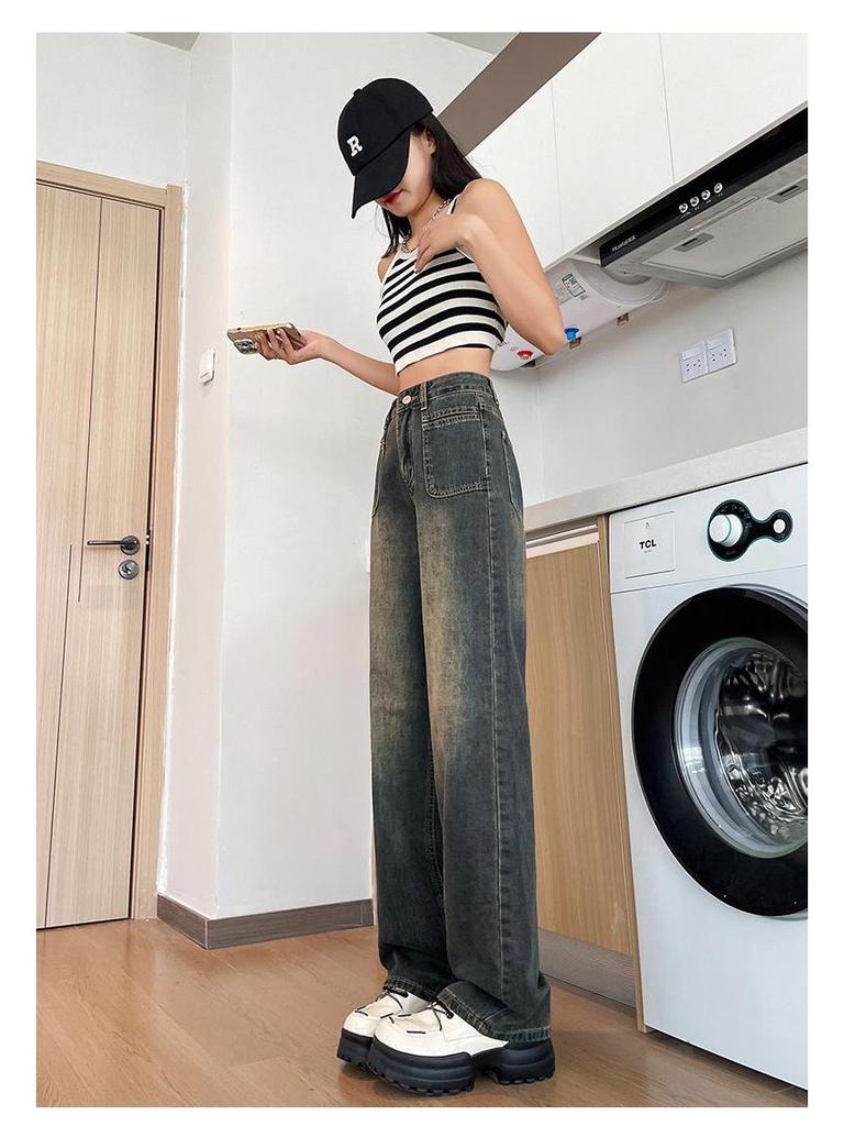 Women's Retro Blue Wide-Leg Jeans - 2025 Autumn/Winter New Loose Straight-Leg Slimming Floor-Length Pants