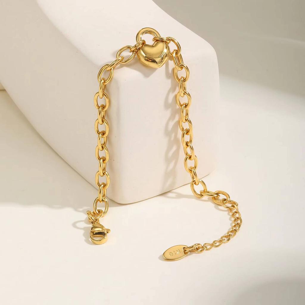 Vnox Stainless Steel Gold Plated Heart Lock Pendant Necklace Bracelet for Women, Chunky Curb Chain, Exquisite Trendy Jewelry New