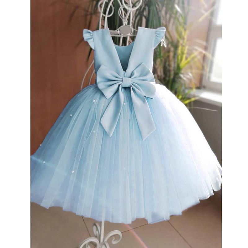 Girl Flower Birthday Tulle Dress Bow Wedding Kids Party Wear Princess Blue Dress Baby Bowknot Dresses