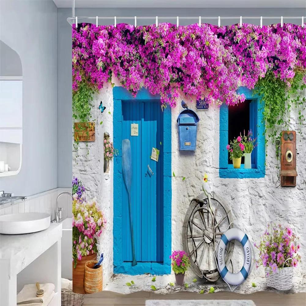 European Landscape Shower Curtains Purple Flowers Plants Blue Wooden Door Vintage Mediterranean Style Bathroom Decor with Hooks
