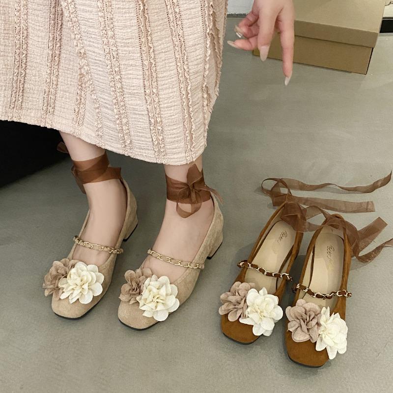Fashion 2024 Retro Rose Shallow Mary Jane Womens Shoes Suede Strappy Flat Ballet Shoes Fashion Versatile High Heels Zapatos De Mujer