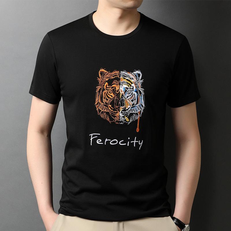 

Мужская летняя мужская футболка с короткими рукавами и вышивкой головы тигра для людей молодого и среднего возраста, пуловер с круглым вырезом, мерсеризованная футболка