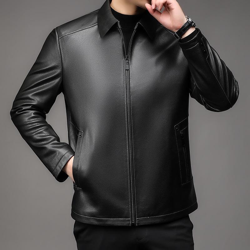 Spring and Autumn Thin Genuine Leather Jacket Men's Slim Short Lapel Leather Jacket Middle-aged Men's Genuine Leather Jacket