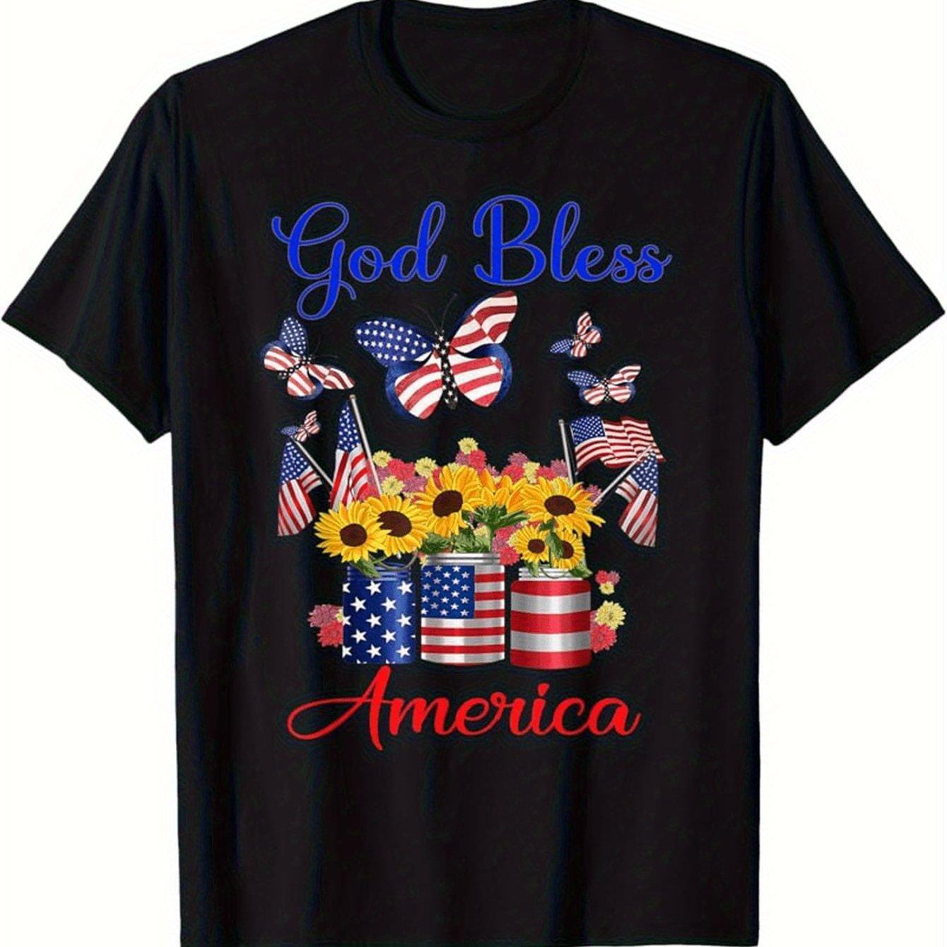 

MenS Patriotic American Flag TShirt God Bless America Red Fireworks Stars Design Independence Day 4th of July Apparel 4XL