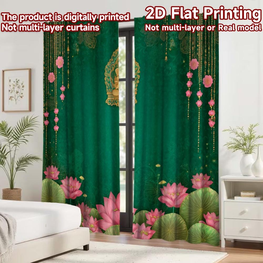 2D Flat Printing 2pcs Curtain Party Curtain Diwali Ganesh Lotus Decoration Digital Printed Polyester Drapes All Season Party &