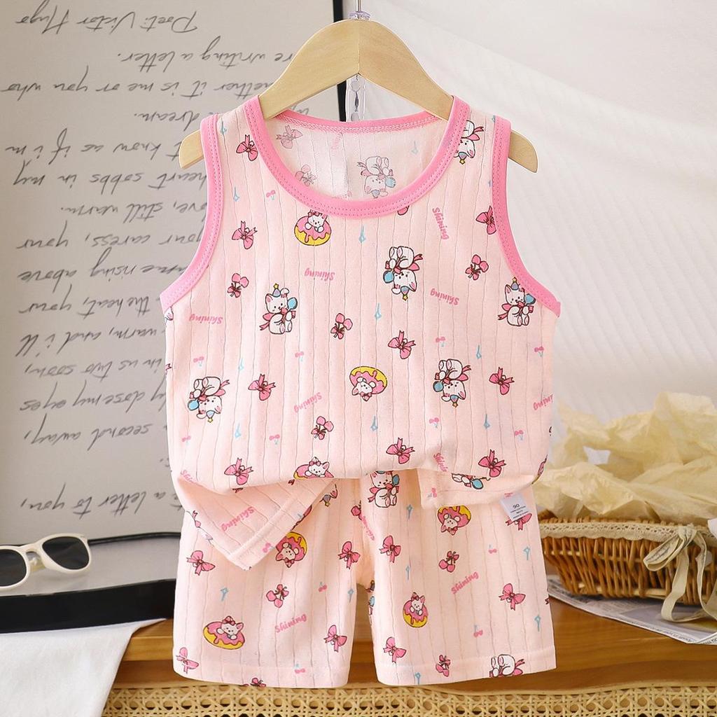 2026 Summer Children O-Neck Sleeveless Vest Suits Baby Spring Short Pants Two-pieces Set Cartoon Cotton Suit for Girl Boy