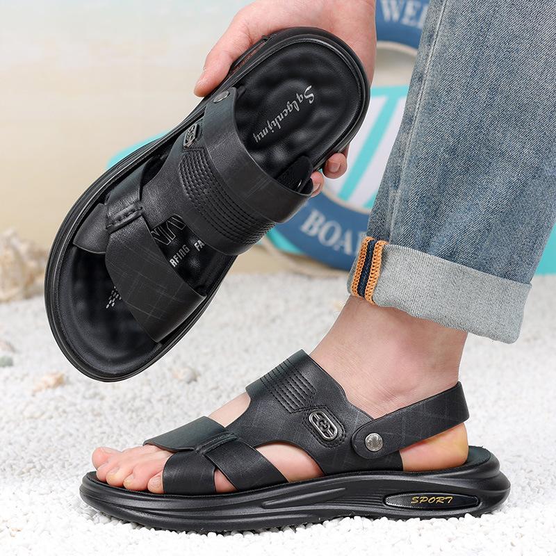 Summer New First-layer Cowhide Men's Casual Beach Shoes Middle-aged and Elderly Leather Slippers Open-toed Dad Sandals 2025