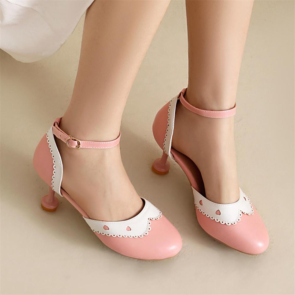 Fashion Women Mary Jane Shoes High Heels Ankle Strap Buckle Wedding Pumps Thin Heels Shoes Pink Bridal Princess Footwear Size 31-43