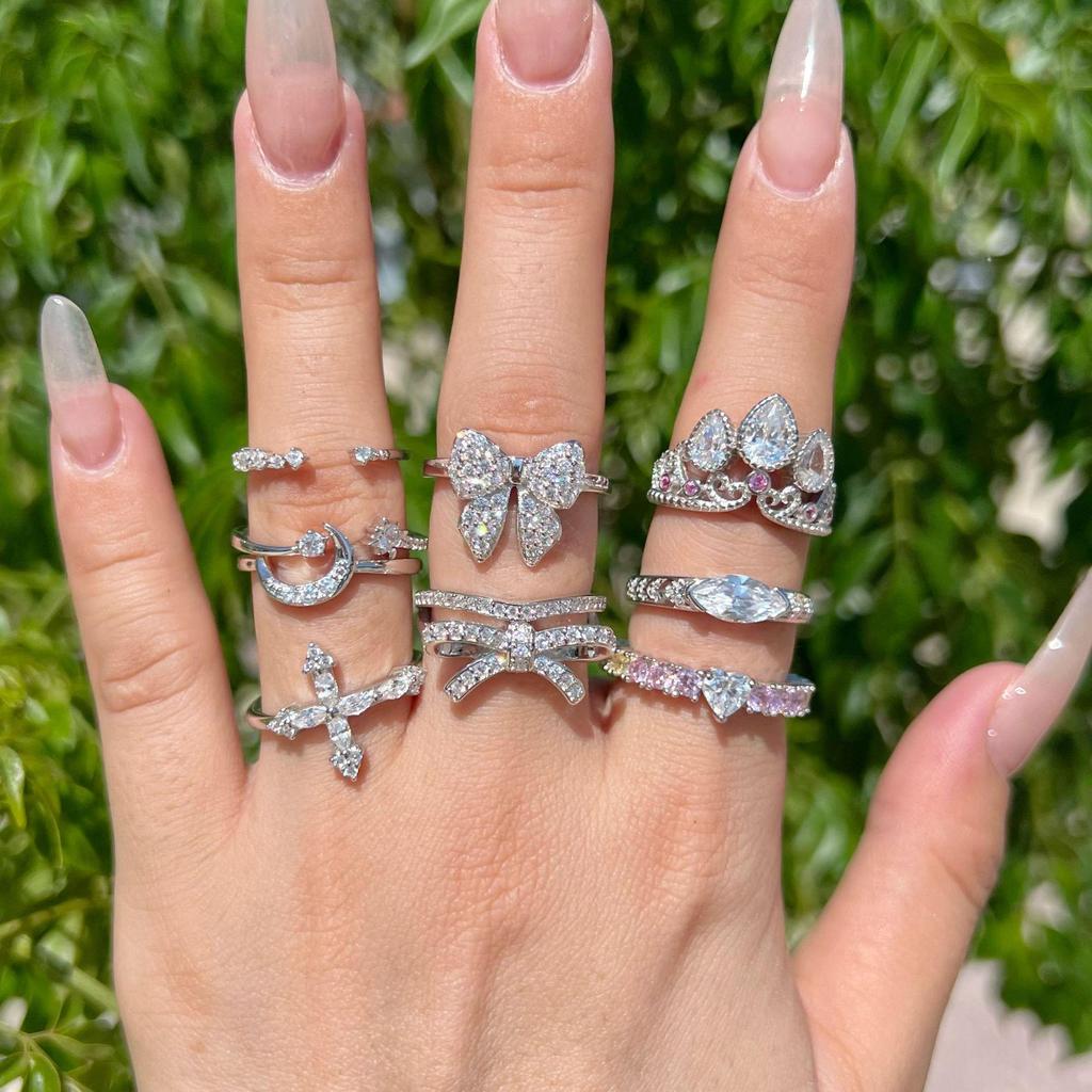 S925 Sterling Silver Bow Crown Zircon Ring - Women's Christmas Jewelry