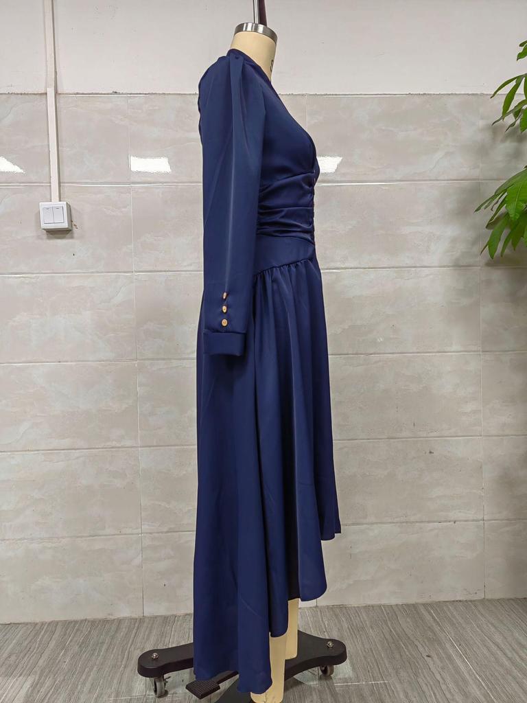 Elegant Waist-Cinching V-Neck Puff Sleeve Long Dress for Women