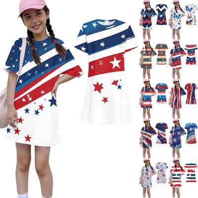 Girls Independence Day Print Casual Dress Kids Loose Round Neck Short Sleeve Thin Sundress