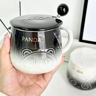 Cute Breakfast Ceramic Cup With Lid Spoon Chinese Ink Gradient Panda Mug Original Mugs Coffee Cups Unusual Tea Cup Set Glass Bar
