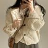 Autumn Simple Lazy Wind Bubble Sleeve Twist Pattern Loose Knitted Cardigan Sweater Jacket Women