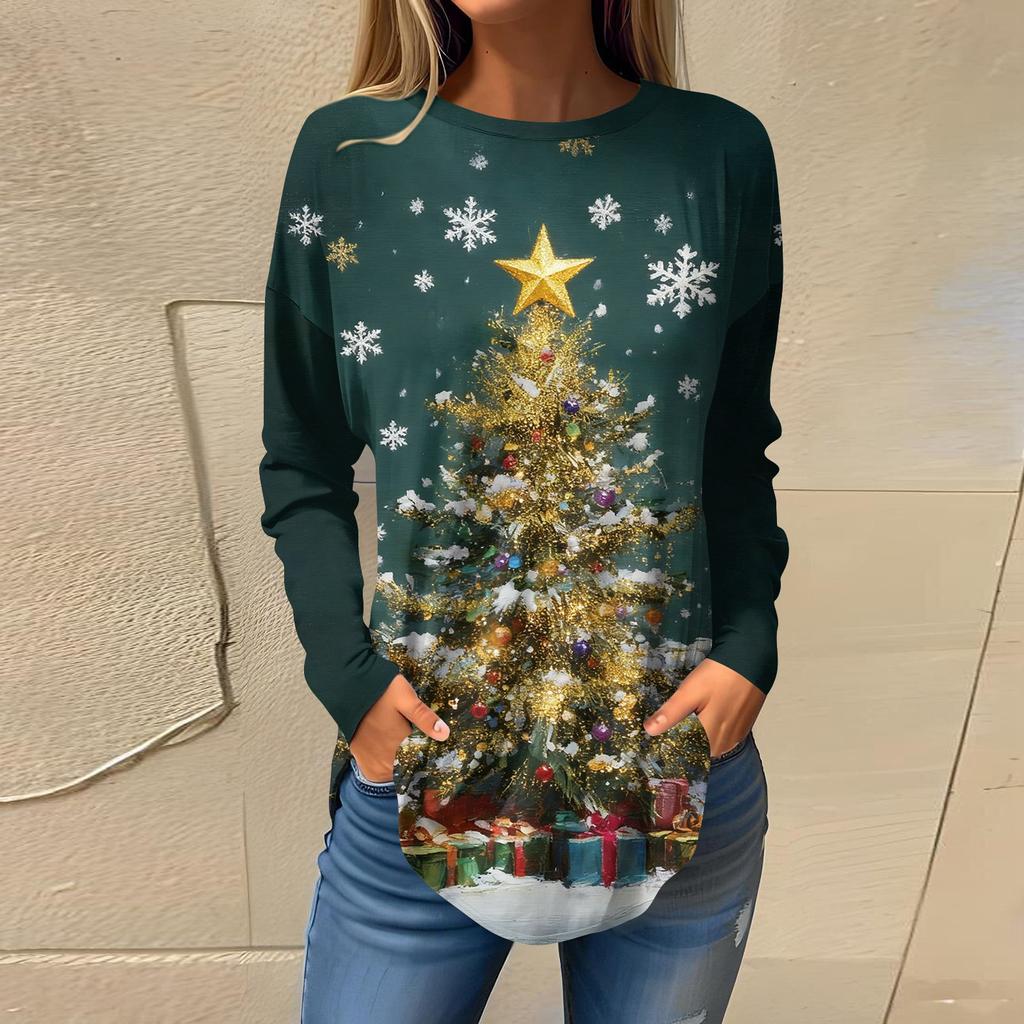 Tee Shirts For Women Casual Round Neck Long Sleeve Shirts Christmas Printing Top Pullover