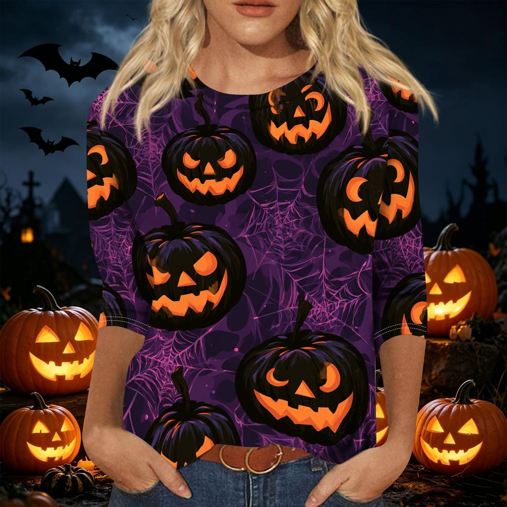 Women's Casual Three Quarter Sleeve Halloween Theme Printed Crew Neck Top Relaxed Fit Soft Material Holiday Blouse Shirt