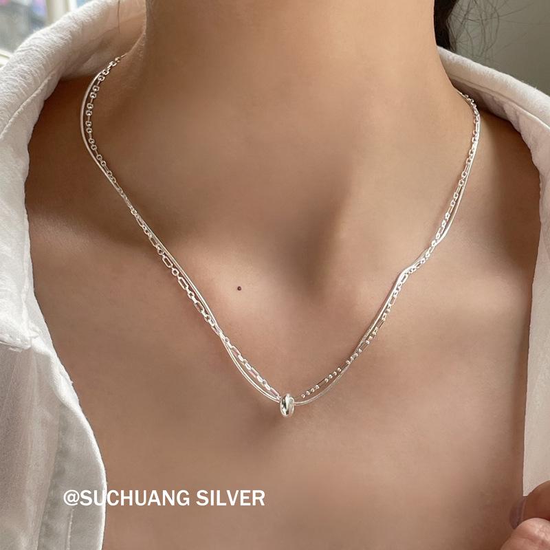 Su Chuang S925 Sterling Silver Double Layer Snake Bone Necklace for Women - Light Luxury, Simple Niche Design, Ins Style Clavicle Chain.